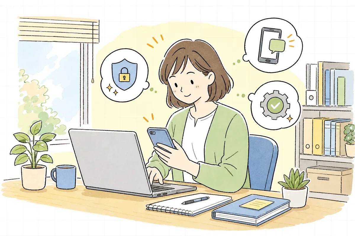 会社のSNSアカウントを守るため、設定画面を開いて2段階認証を落ち着いて確認する企業SNS担当者の情景