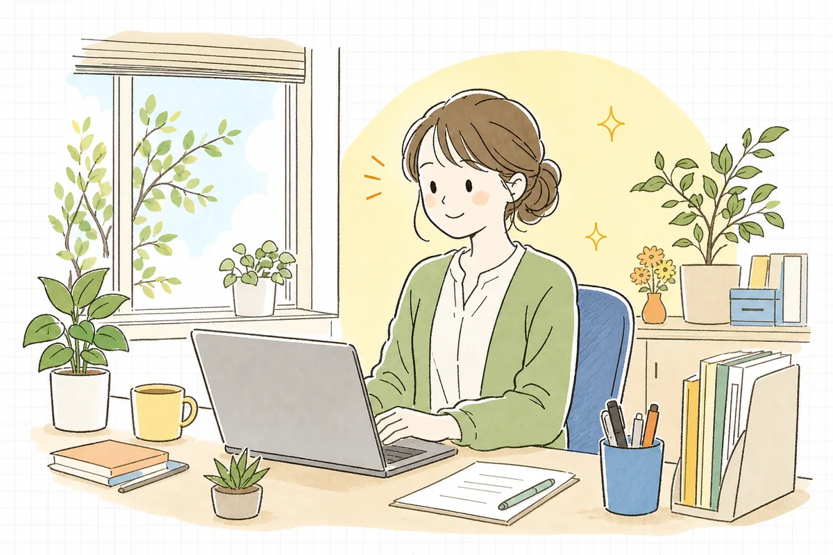 セキュリティ設定を終え、安心した表情で企業SNSの運用に戻る担当者の情景