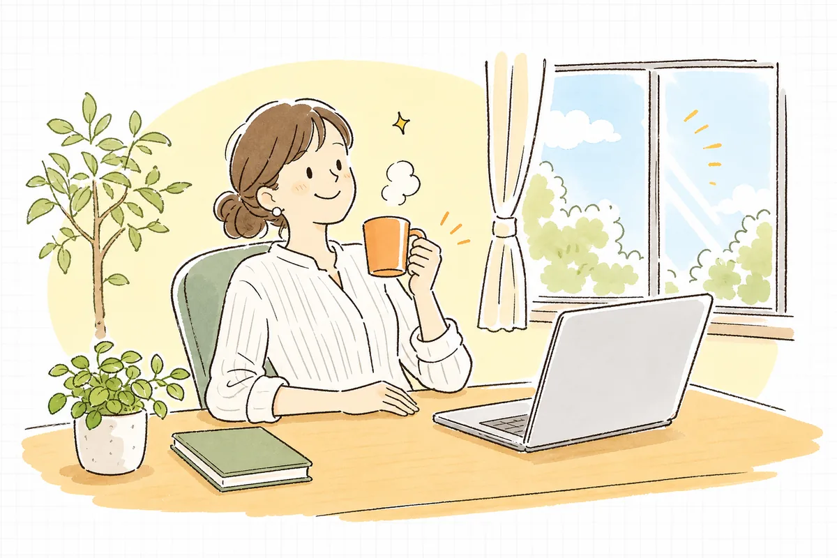 お知らせ投稿を無事に送信し、肩の力が抜けて穏やかな表情を見せている企業SNS担当者の明るい情景