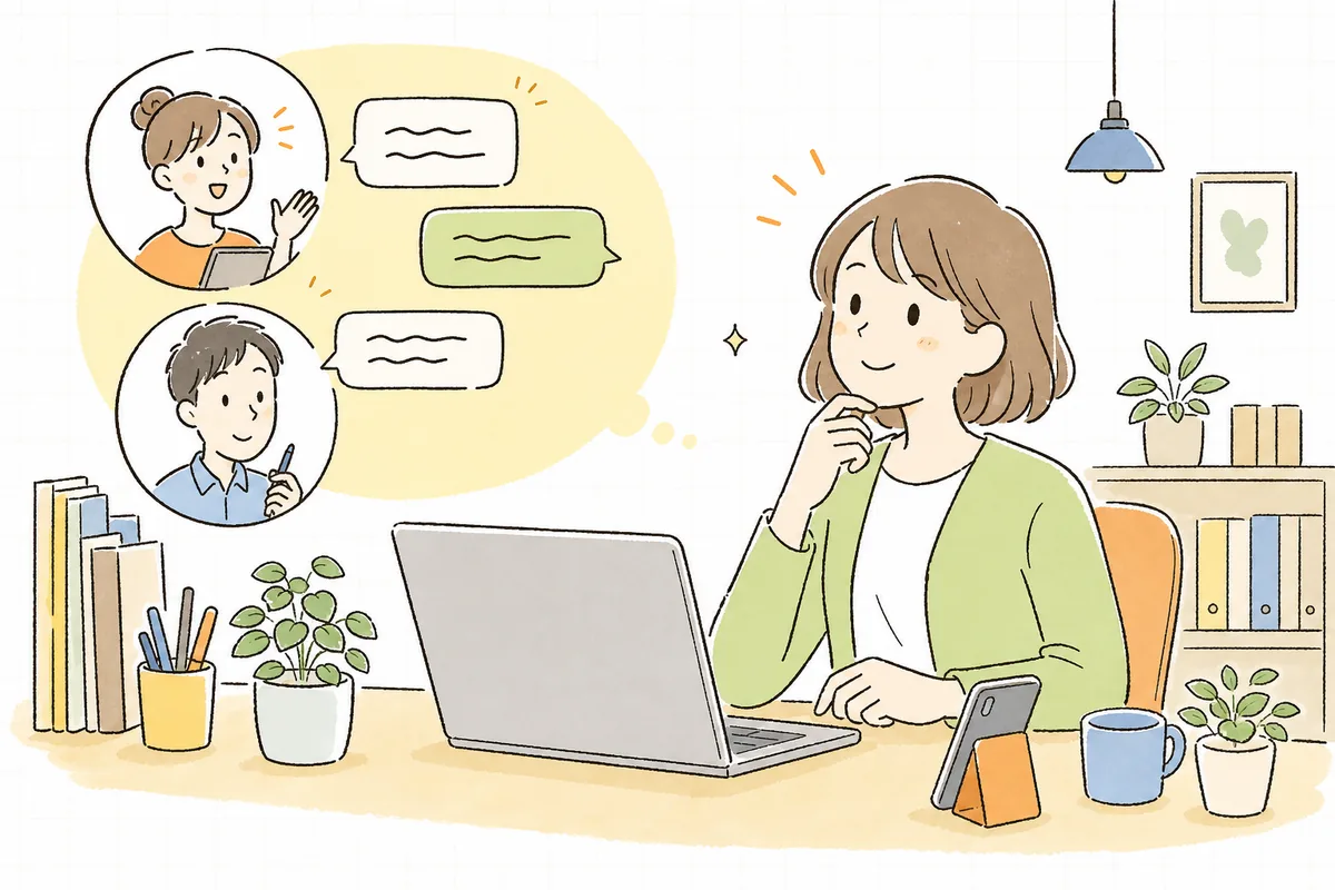 インフルエンサーへの依頼文を前に、PR表記をどう入れてもらうか落ち着いて考える企業SNS担当者の情景