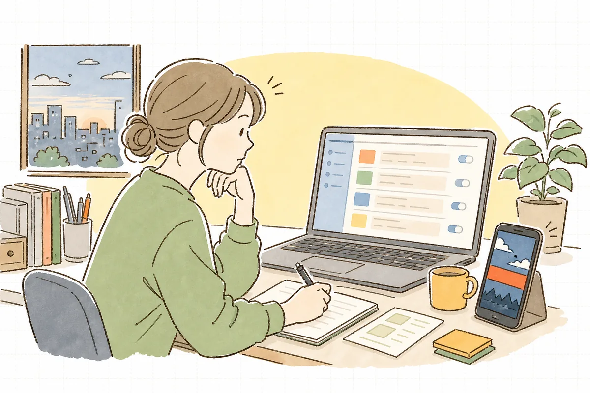 災害速報が流れる中、控えている予約投稿を止めるか一人で迷い、手を止めて画面を見つめる企業SNS担当者の情景