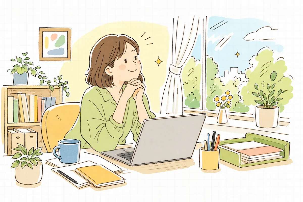 たたき台を自分の言葉に仕上げ、肩の力が抜けて前向きに一息つく企業SNS担当者の情景