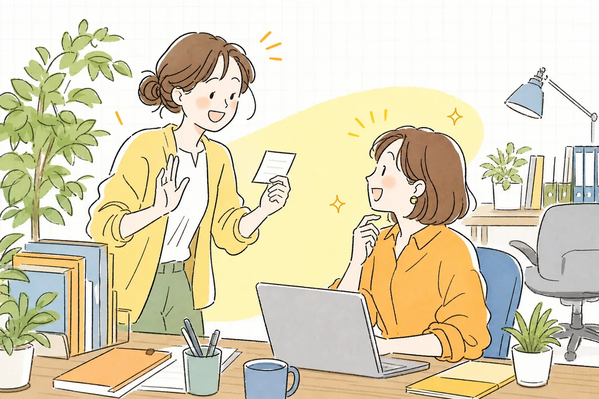 社員紹介や舞台裏の投稿を作りたいのに誰にどう頼むか迷っていた担当者が、簡単な質問シートを手に、同僚に気軽に声をかけて笑顔で話を聞いている情景
