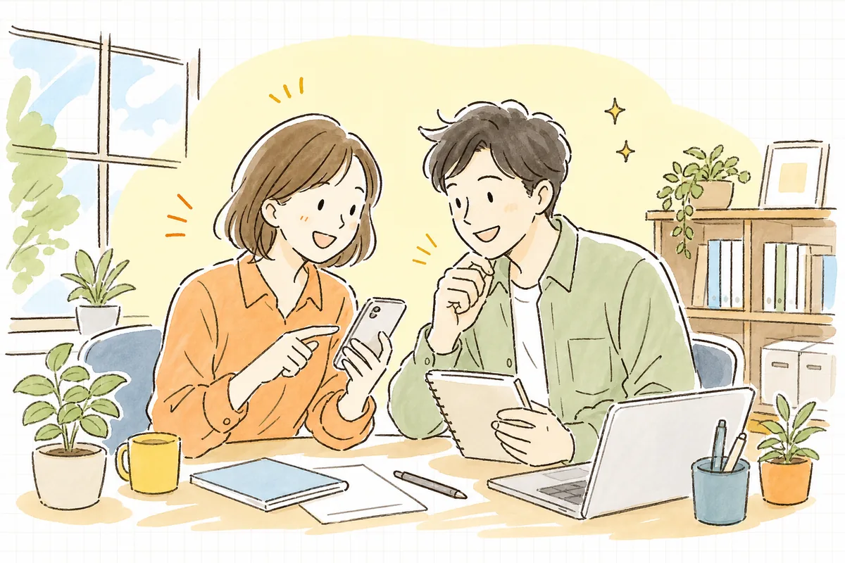 社員紹介や舞台裏の投稿を無理なく続けられるようになった担当者が、同僚と一緒に和やかに投稿を作っている前向きな情景