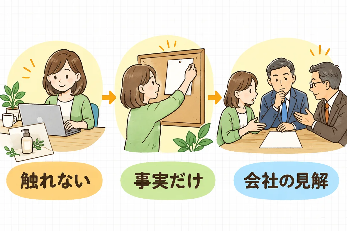 社会的な話題との関わり方を、通常の投稿を準備する「触れない」、お知らせを掲示する「事実だけ」、会議で文書を確認する「会社の見解」の3つの場面で並べた図