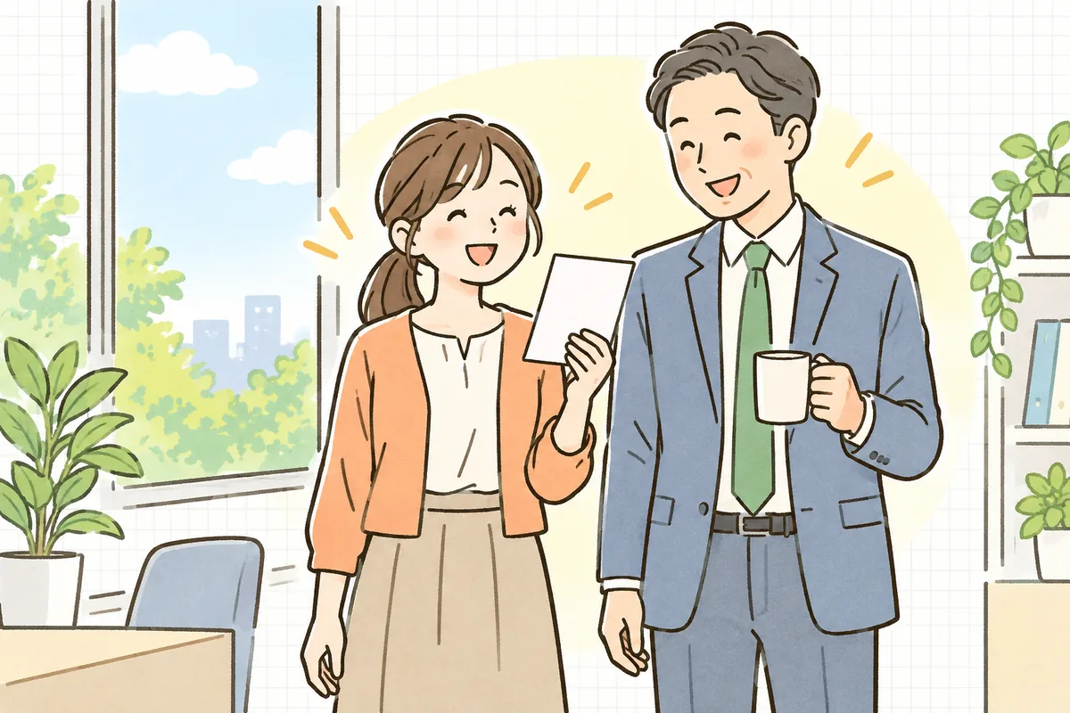朝の明るいオフィスで、SNS担当者が上司と並んで1枚のメモを見ながら、安心したように穏やかに笑い合っている情景