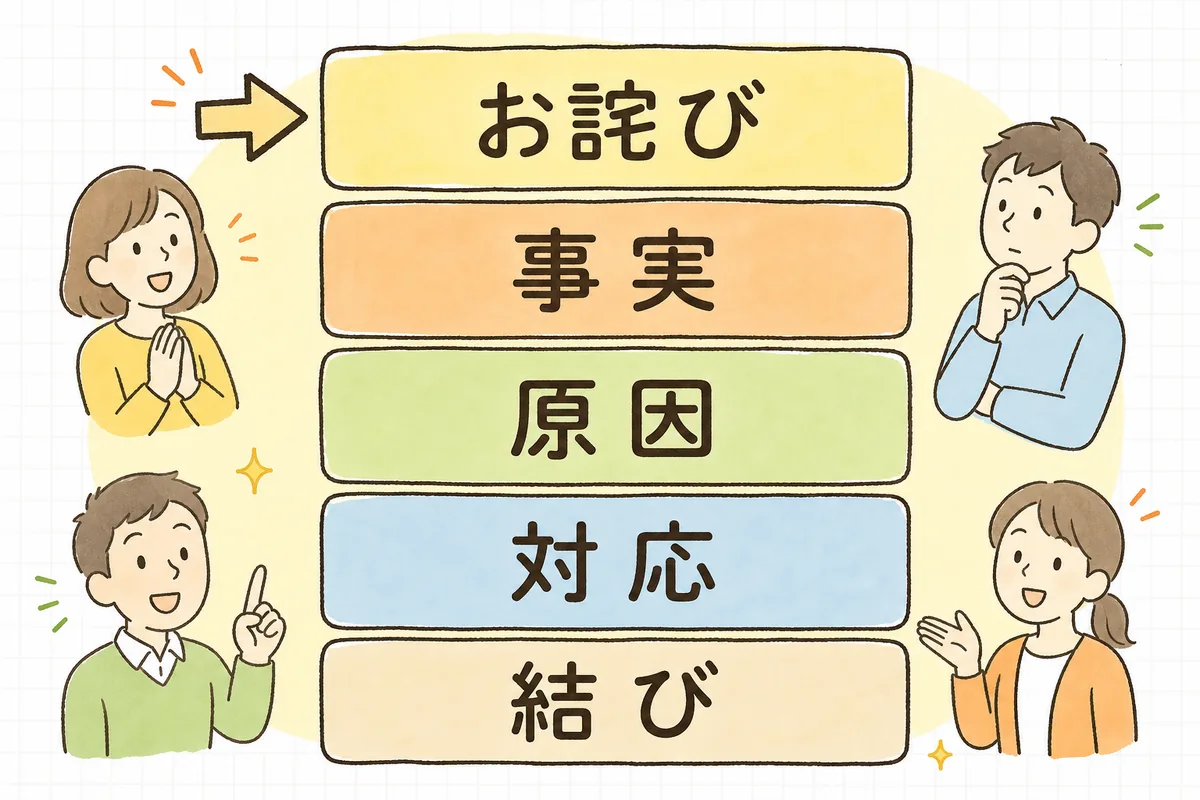 お詫び文を「お詫び→事実→原因→対応→結び」の5ブロックの順に積み上げる構成図