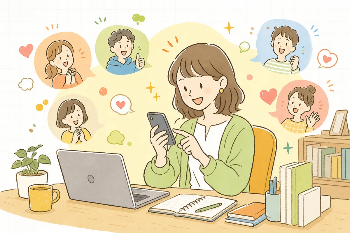 コメントがぽつぽつと返ってきて、やりとりを楽しみながら前向きに返信する企業SNS担当者の情景