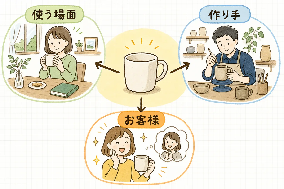 同じ商品を「使う場面」「作り手」「お客様の声」の3つの角度から見せると伝わり方が変わることを示す概念図