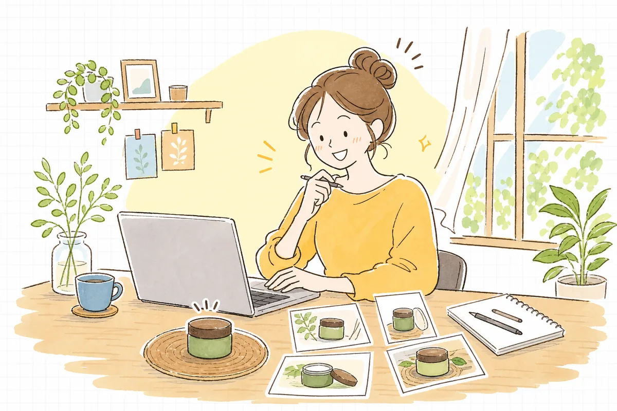 商品を3つの角度から軽やかに投稿できるようになり、前向きな表情で運用を続ける担当者の情景