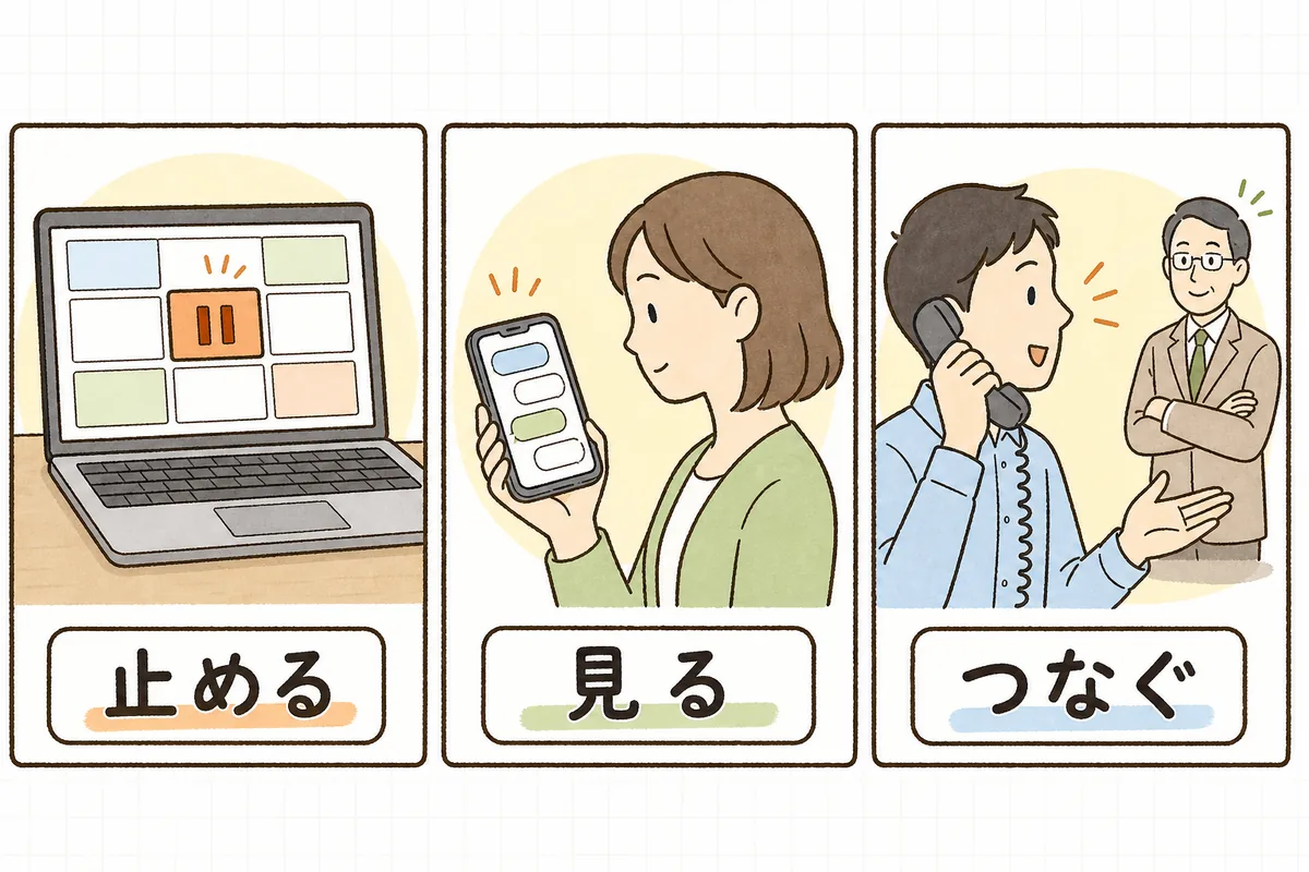 バックアップ担当に頼む3つの役割を、横に並んだ3つの場面で示した図。左は予約投稿の一覧で一時停止ボタンを押す様子、中央はスマートフォンでコメント一覧を確認する様子、右は電話で上司に相談する様子