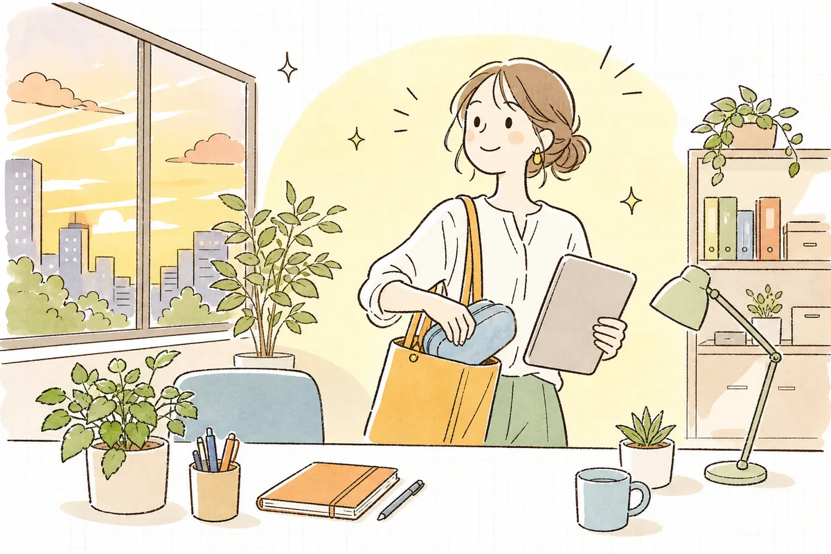 月次レポートを短時間で書き終え、すっきりした表情でオフィスを後にしようとする企業SNS担当者の情景