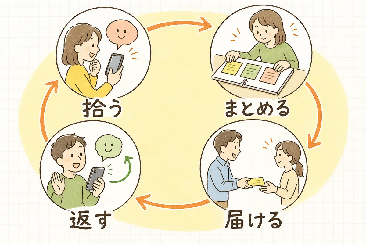 SNSに届いたお客様の声を「拾う・まとめる・届ける・返す」の4ステップで社内に共有し、またお客様に返していく循環を示した概念図