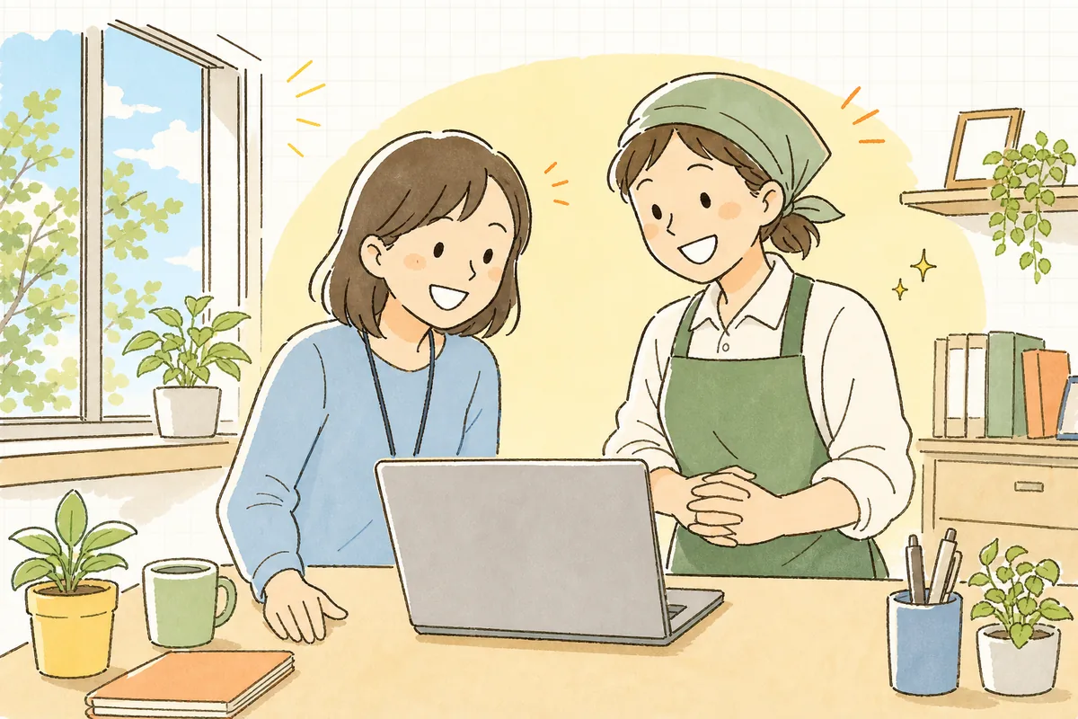 明るいオフィスで、企業SNS担当者と現場スタッフが一緒にノートパソコンの画面をのぞき込み、届いたお客様の声を読んで笑顔を交わしている情景