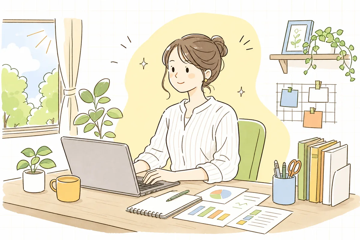 見る指標を1つに絞り、すっきりした表情で落ち着いて画面に向かう企業SNS担当者の情景