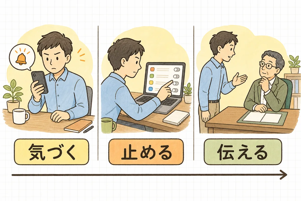 有事の最初の3手として、気づく・止める・伝えるの順に動くことを示した図
