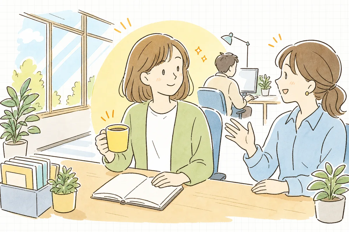 朝のオフィスで、企業SNS担当者が落ち着いた表情でその日の投稿を確認している情景