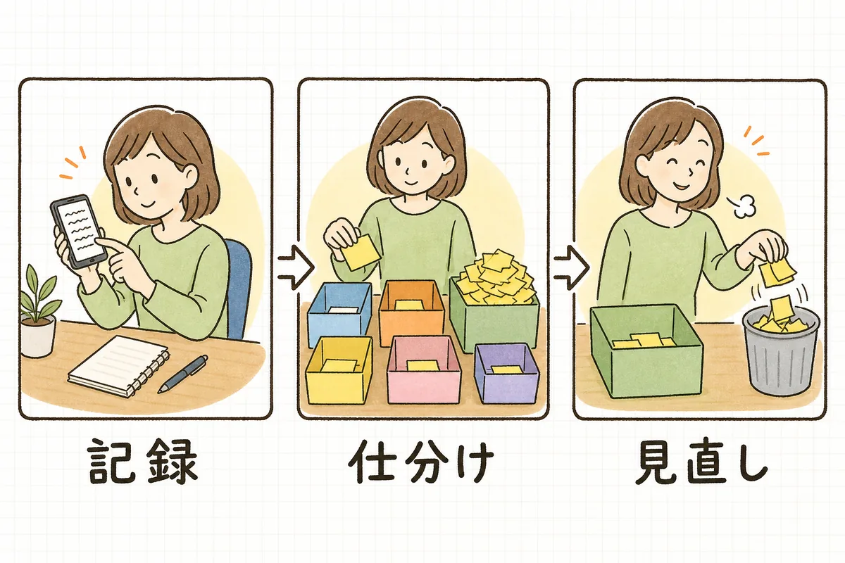 作業時間の見直しを3つの場面で示した図。左は担当者が作業の合間にスマートフォンのメモに時刻を書き留める様子、中央は付箋を色ごとの箱に仕分けている様子、右はいちばん大きな箱の前で付箋を1枚はがして身軽になっている様子
