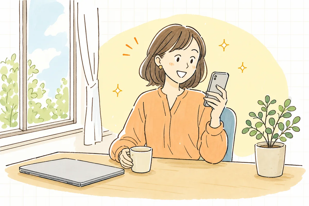明るい午後のオフィスで、企業SNS担当者が少し余裕のできた時間にスマートフォンでお客様の投稿をうれしそうに眺めている情景。机の上は片付いていて、穏やかな表情