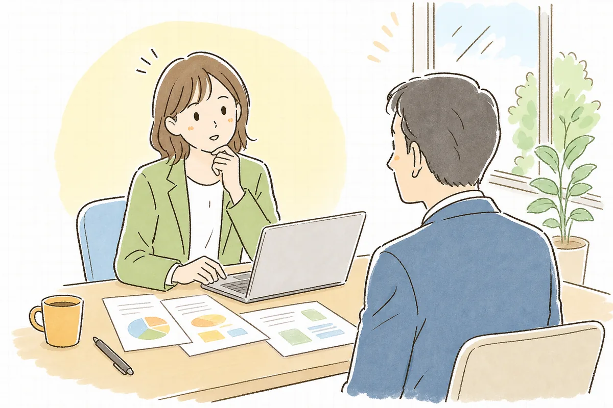 会議室で上司に向かってSNSの成果を説明しようとして、どう伝えれば伝わるか少し考え込んでいる企業SNS担当者の情景