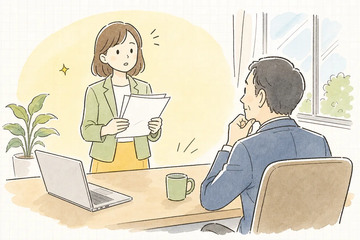 会議室で提案資料を手に、上司や経営層に向けてSNS運用の企画を説明しようとしている企業SNS担当者の情景
