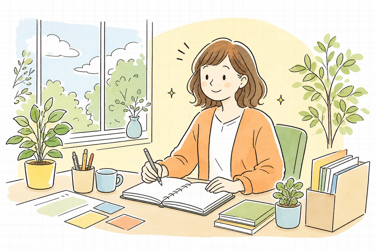 提案が通り、少し肩の力が抜けて前向きな表情でノートを開く企業SNS担当者の情景