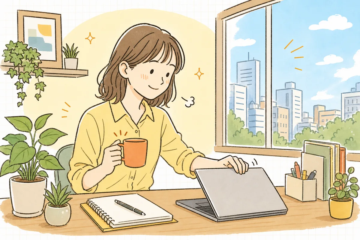 朝のオフィスで、数字チェックを終えてノートパソコンを閉じかけ、コーヒーを片手にほっとした表情で次の仕事に向かおうとしている企業SNS担当者の情景