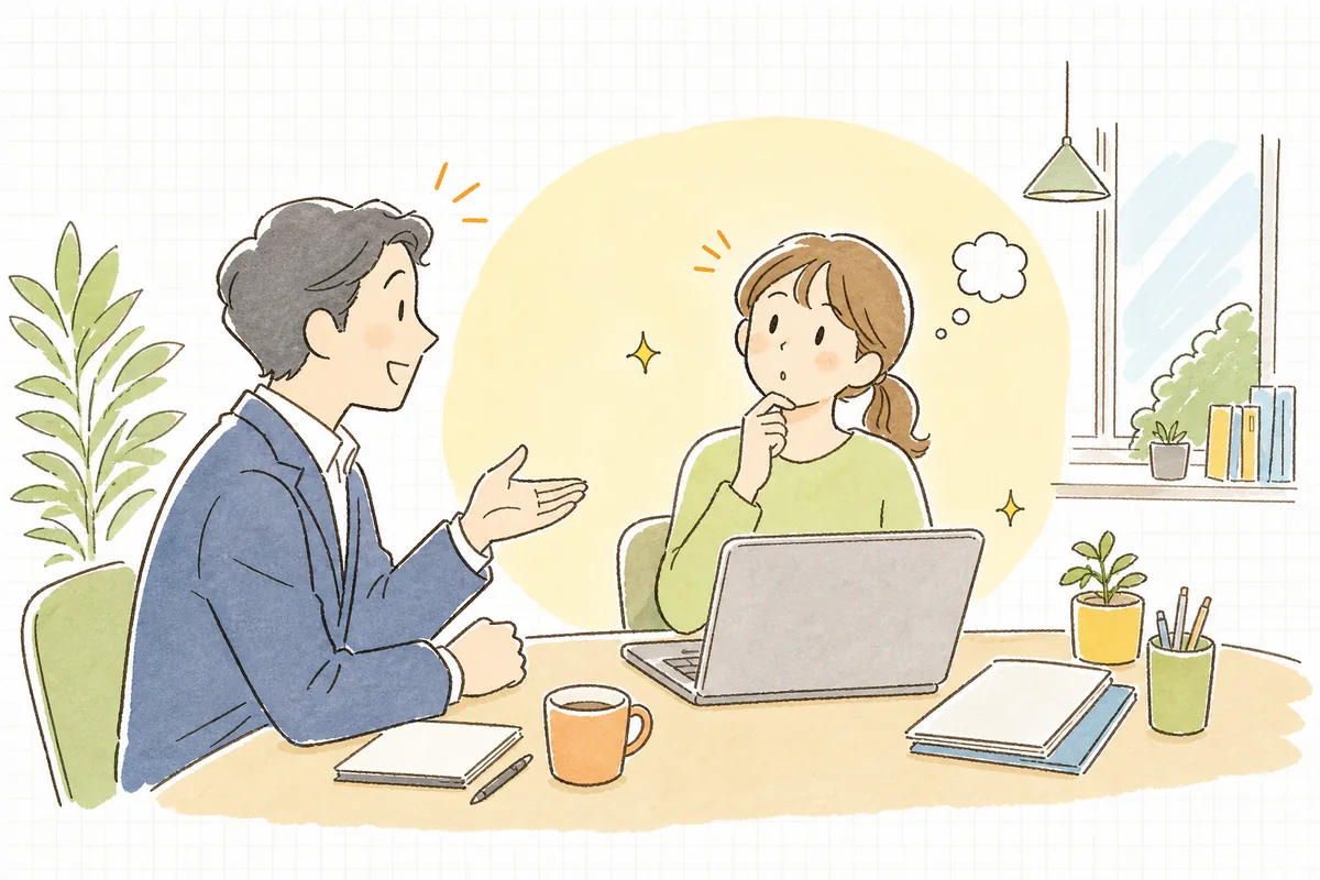 会議で「SNSの効果はどれくらい？」と上司に聞かれ、言葉に詰まりながらも答えを探そうとしている企業SNS担当者の情景