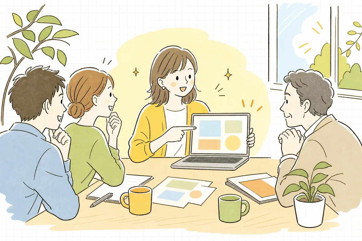 SNS経由の成果が数字で見えるようになり、落ち着いた表情で会議に臨む企業SNS担当者の情景