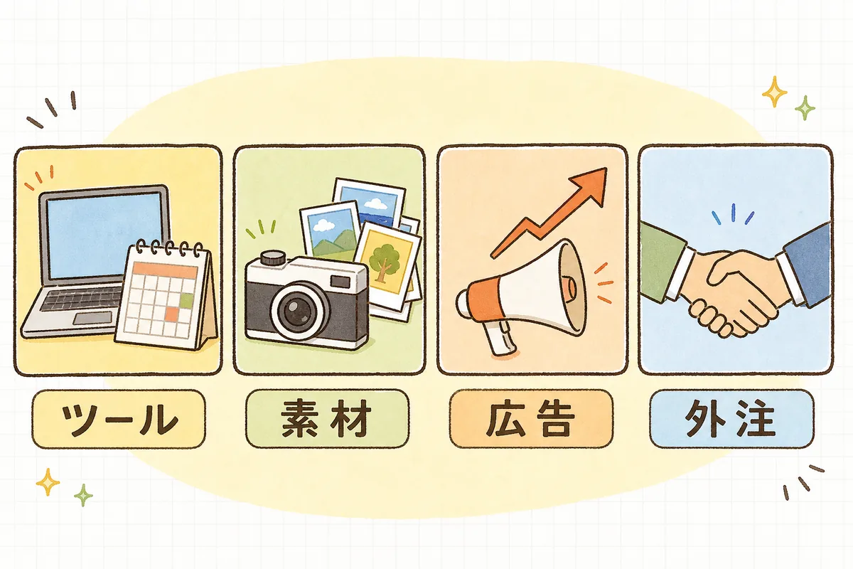 SNS運用の費用を「ツール」「素材」「広告」「外注」の4つの箱に分けて並べた内訳の図