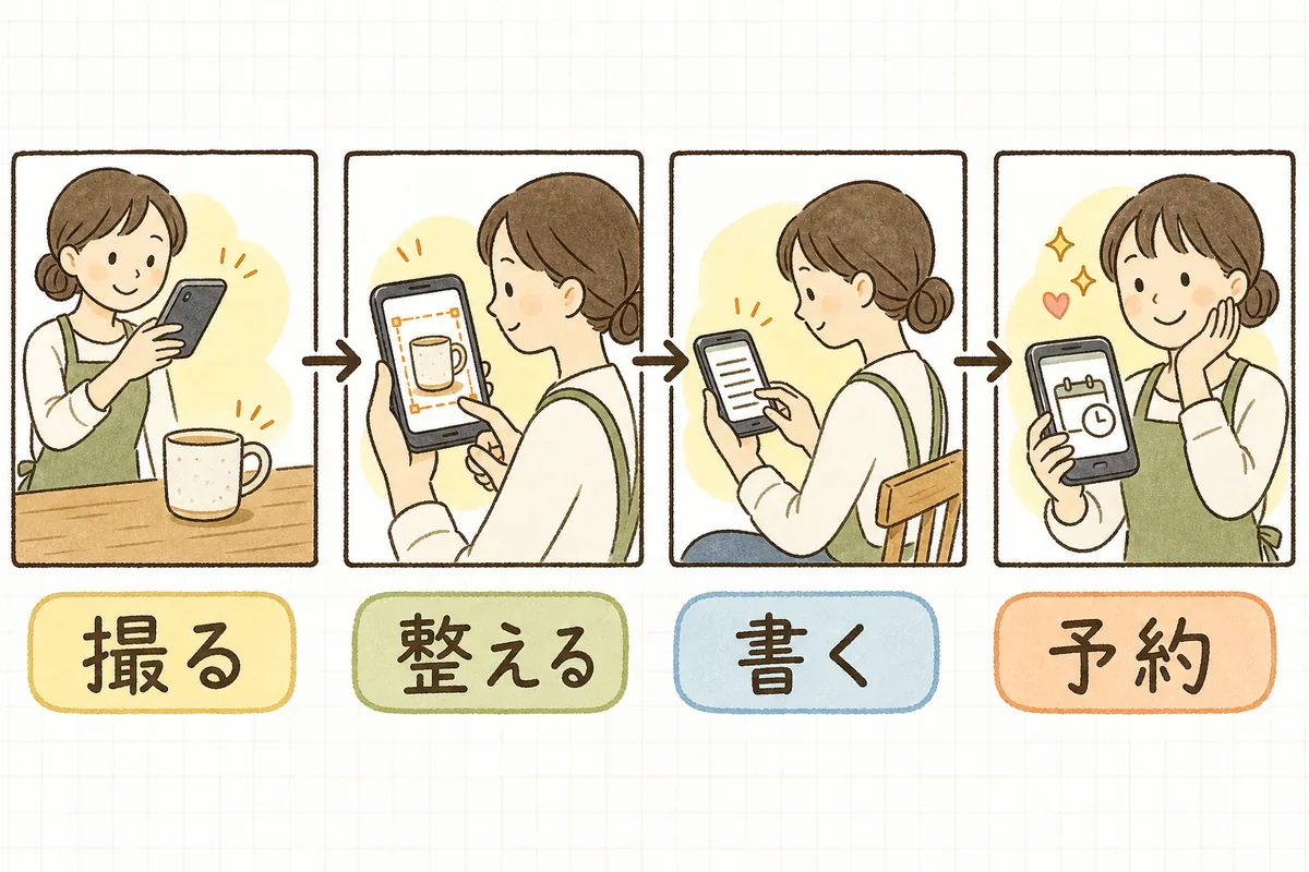 スマホ1台で投稿を回す流れを4つの場面で示した図。左から、スマートフォンで商品を撮影する担当者、スマートフォンの画面で写真を整える担当者、スマートフォンで文章を打ち込む担当者、カレンダーの印を確認して予約を済ませほっとする担当者が、矢印でつながって並んでいる