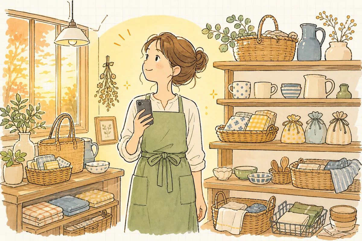 夕方の店舗で、企業SNS担当者がスマートフォンで翌日の投稿の予約を済ませ、ほっとした笑顔で売り場の棚を見渡している情景