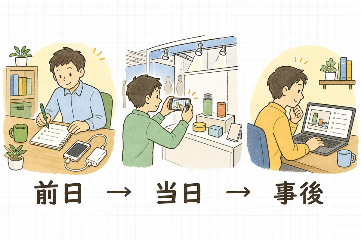 展示会SNS実況の段取りを前日・当日・事後の3つの場面に分けて示した図