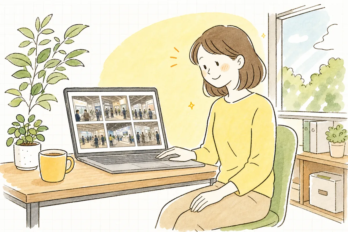 展示会を終えてオフィスに戻り、撮った写真を見返しながら穏やかに振り返る企業SNS担当者の情景