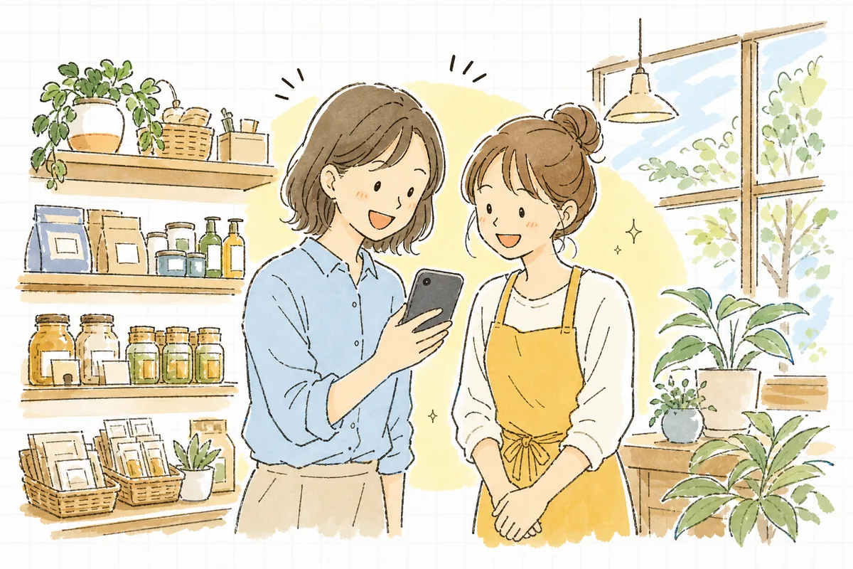 明るい午後の店内で、企業SNS担当者がスタッフと一緒にスマートフォンの画面をのぞき込み、撮ったばかりの手元の写真を見て笑い合っている情景