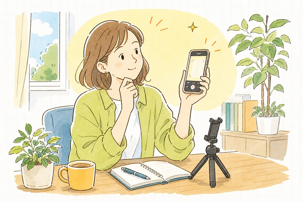 スマホを縦に持ってTikTokの撮影画面を見ながら、何から始めようか考えている企業SNS担当者の情景