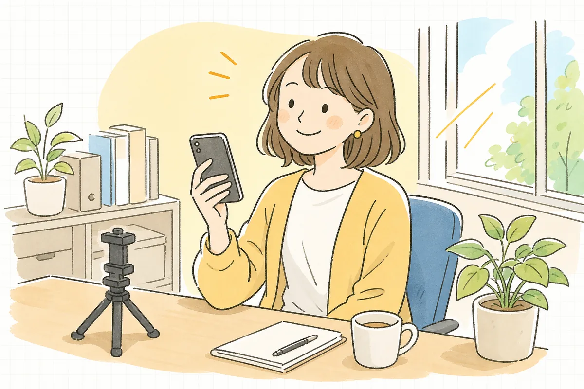 撮影を終えて、スマホを手にほっとやわらかく微笑んでいる企業SNS担当者の情景