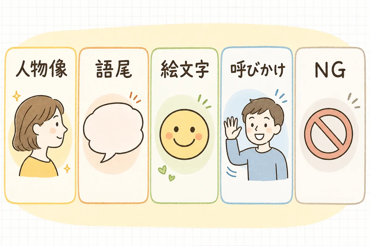 トーン＆マナーガイドに入れる「人物像・語尾・絵文字・呼びかけ・NG」の5項目を1枚のシートに並べた概念図