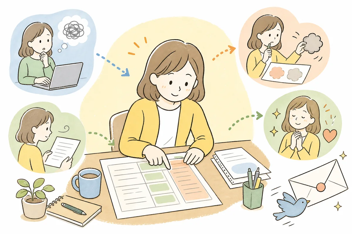 避けたい表現をあらかじめ1枚に書き出しておくことが、投稿前の見直しの支えになるようすを示した図