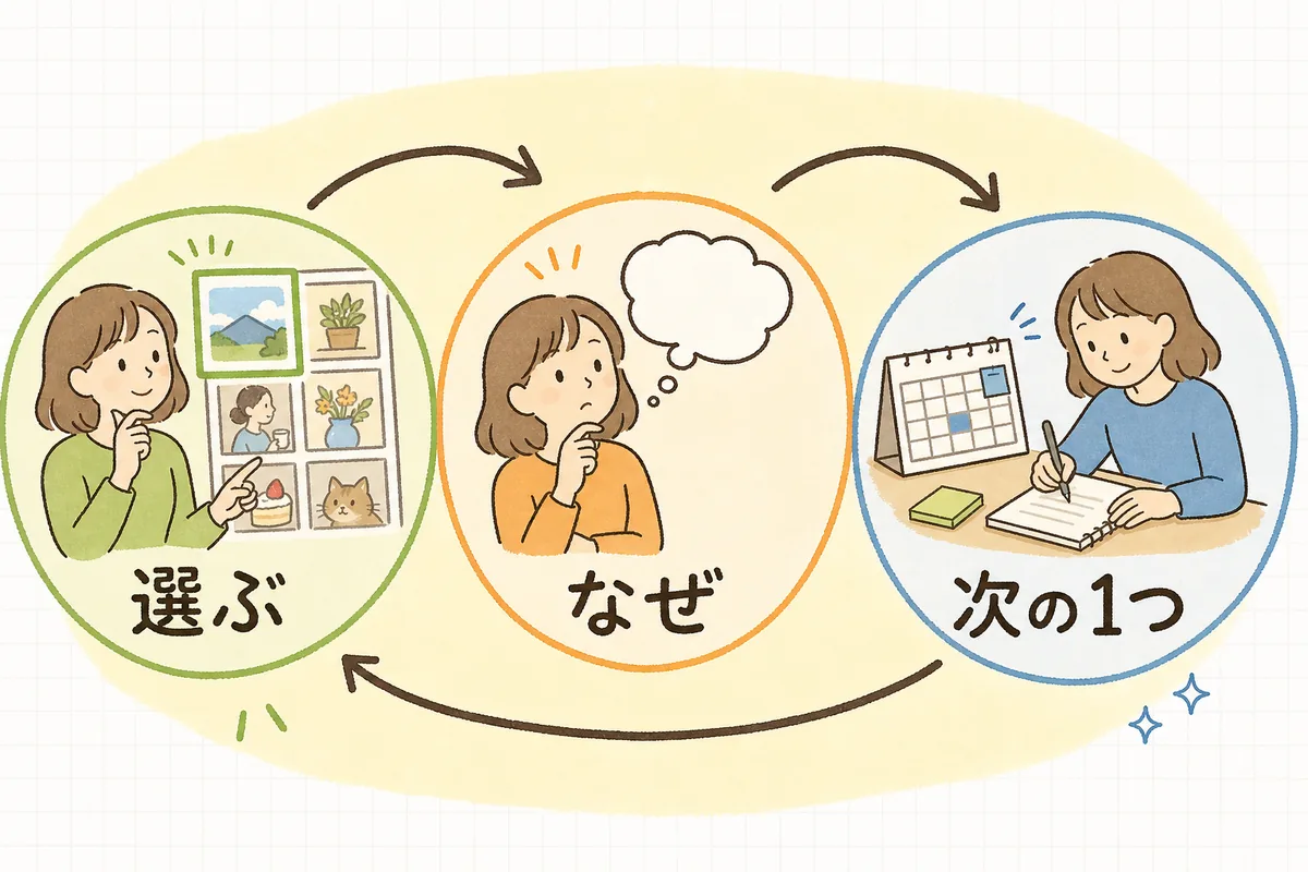 投稿の振り返りを「選ぶ→なぜを書く→次にやる1つ」の3ステップで回す循環図