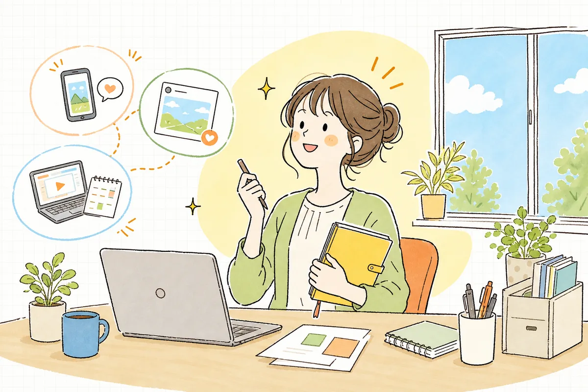 振り返りのメモを手に、次の投稿へ前向きに向かう企業SNS担当者の明るい情景