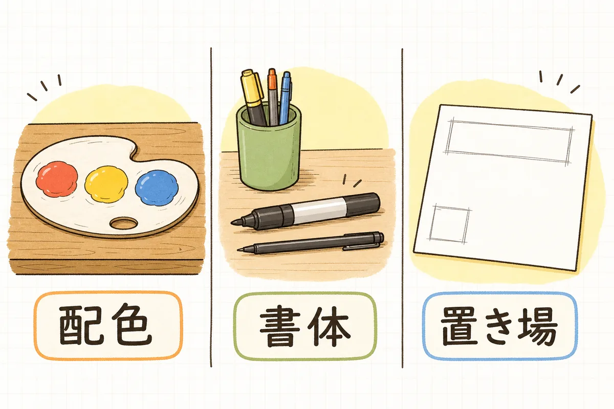 投稿画像のデザインで決めるのは「配色」「書体」「置き場」の3つだけであることを示した図