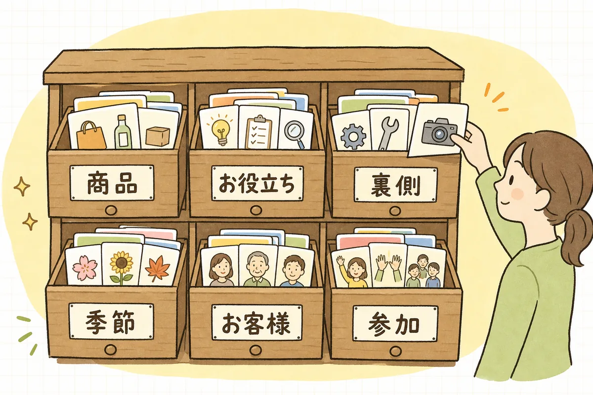 投稿ネタを6つのグループに分けた引き出しから、今日の1本を選ぶ流れを示す概念図