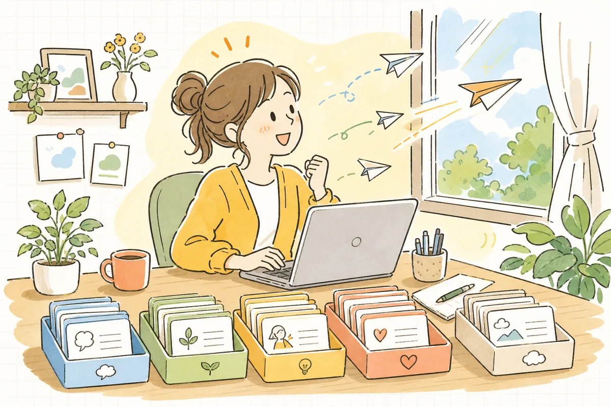 ネタ帳に型がそろい、軽い足取りで次々と投稿を作れるようになった担当者の前向きな情景