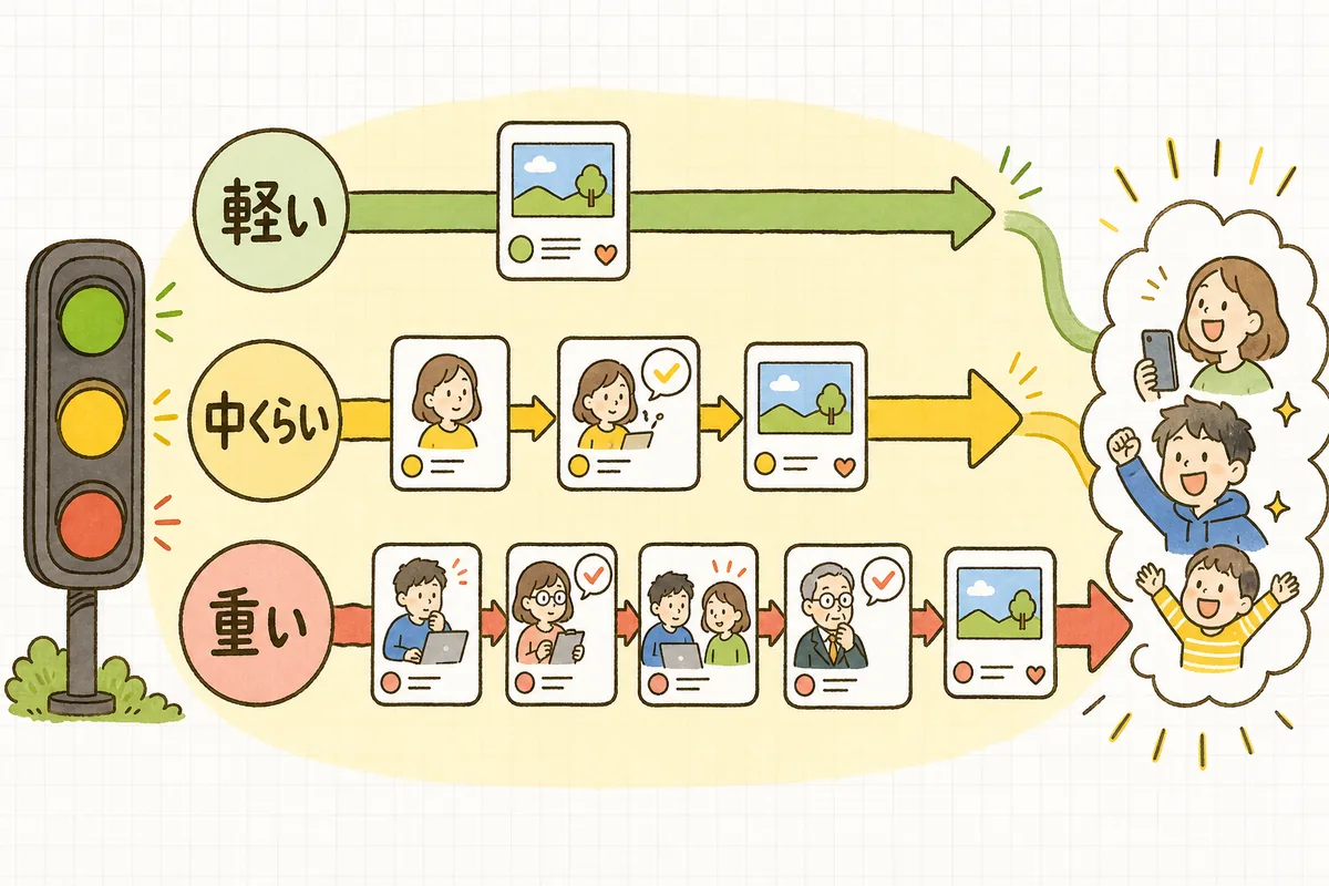 投稿をリスクの高さで3段階に分け、段階ごとに承認の重さを変える流れを示す概念図