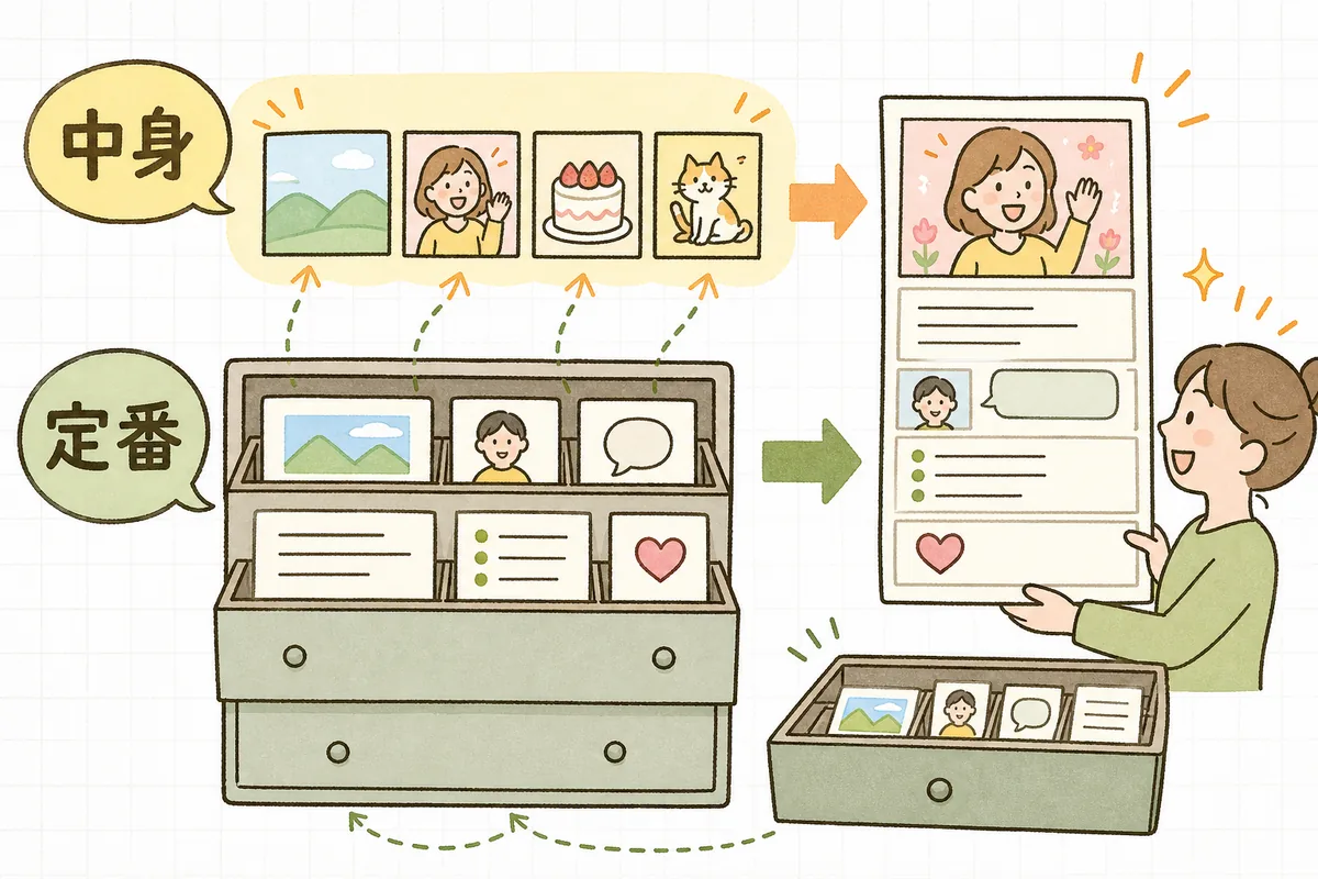投稿の「毎回変える中身」と「固定しておく定番パーツ」を分けて、定番部分を再利用するようすを示した図
