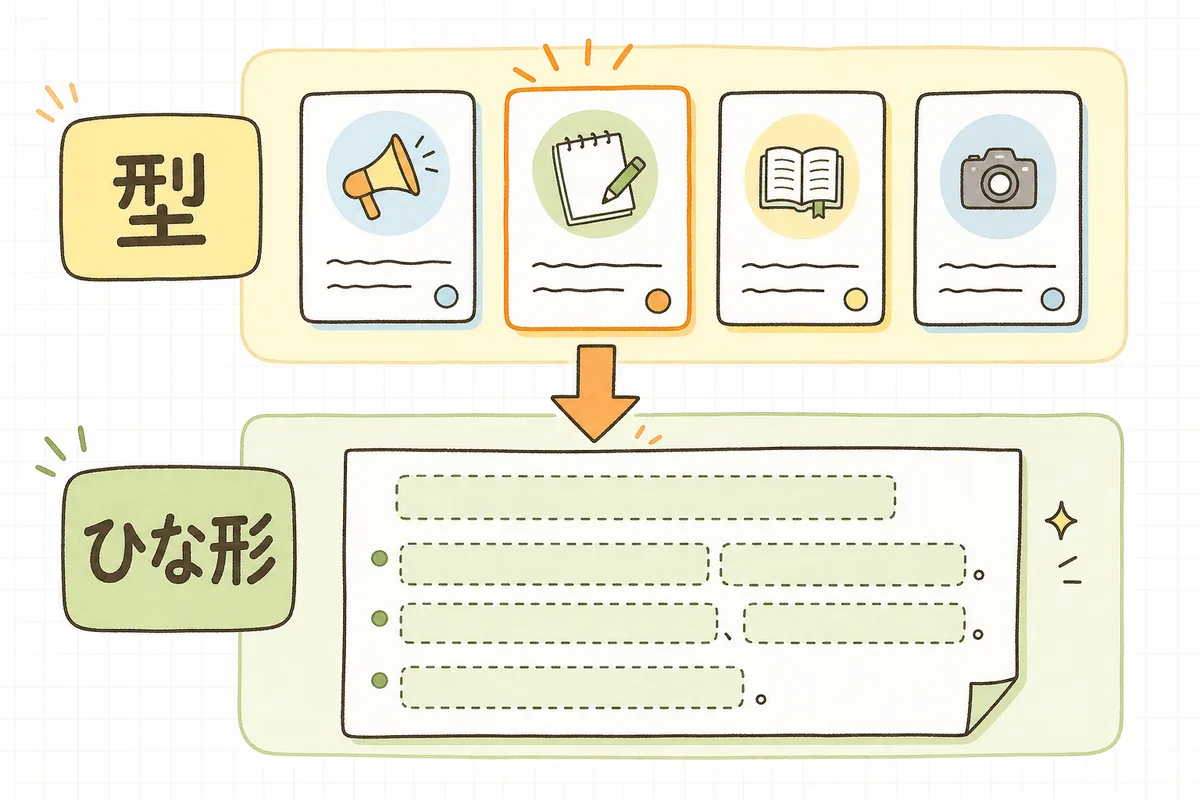 投稿テンプレートが「型（どんな投稿か）」と「ひな形（穴埋めの文章）」の二段構えになっていることを示した概念図