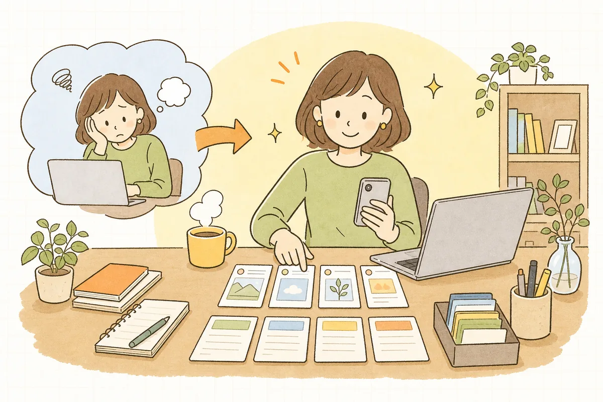 毎回ゼロから投稿を書いて疲れていた担当者が、投稿テンプレートを手にして落ち着いて作業を進められるようになった情景