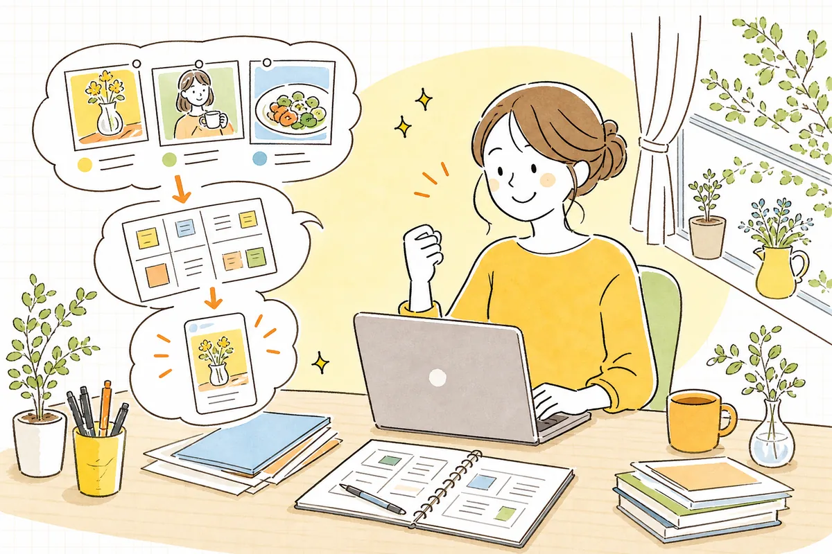 テンプレートが整い、迷わず投稿を作れるようになった担当者が、肩の力を抜いて前向きに運用を続けている情景