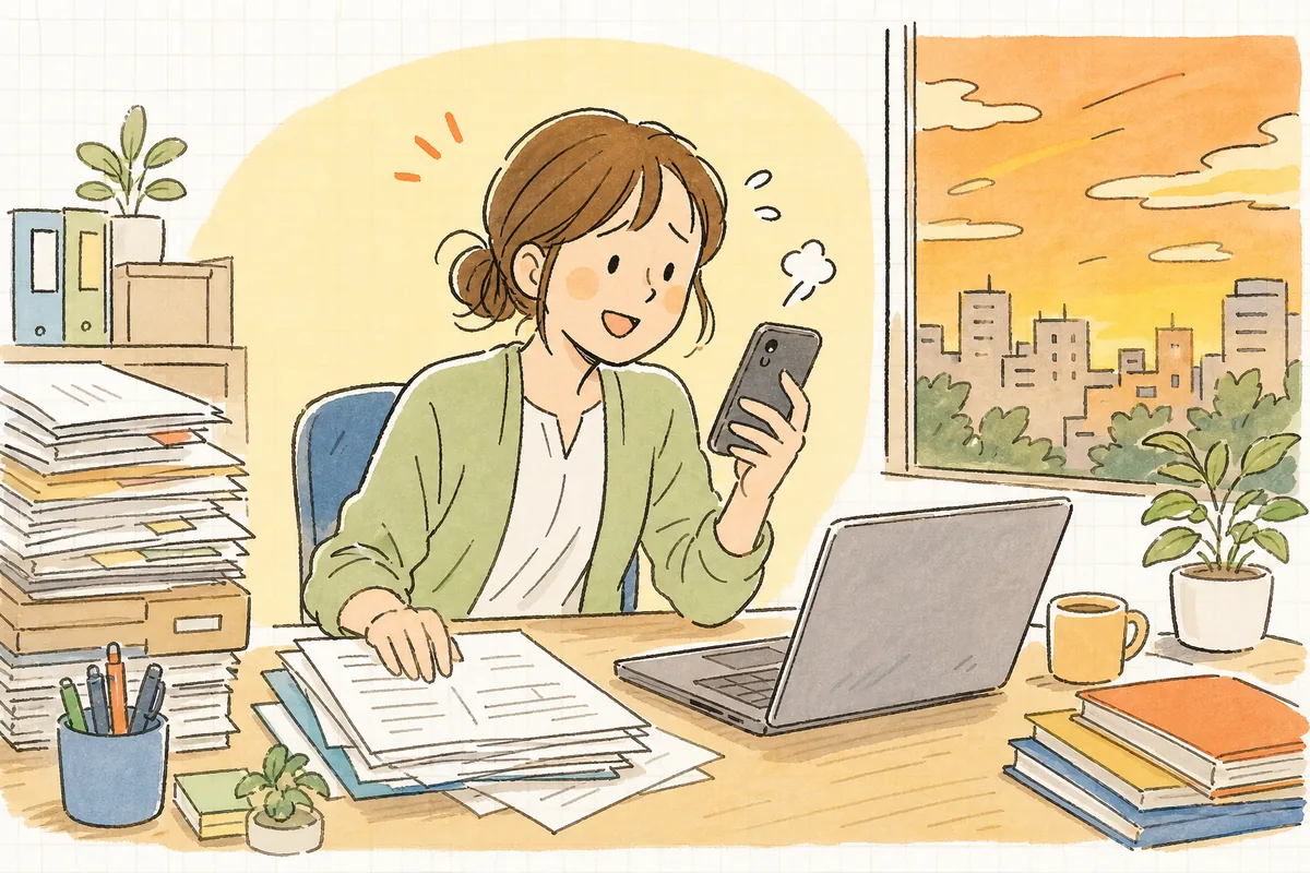 夕方のオフィスで、会議の資料と本業の書類に囲まれながら、スマートフォンで今日の投稿を急いで作ろうとしている企業SNS担当者の情景